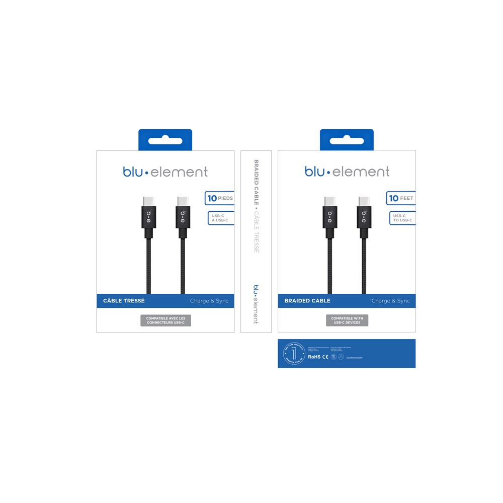 Braided Charge/Sync USB-C to USB-C Cable 10ft Black 60W